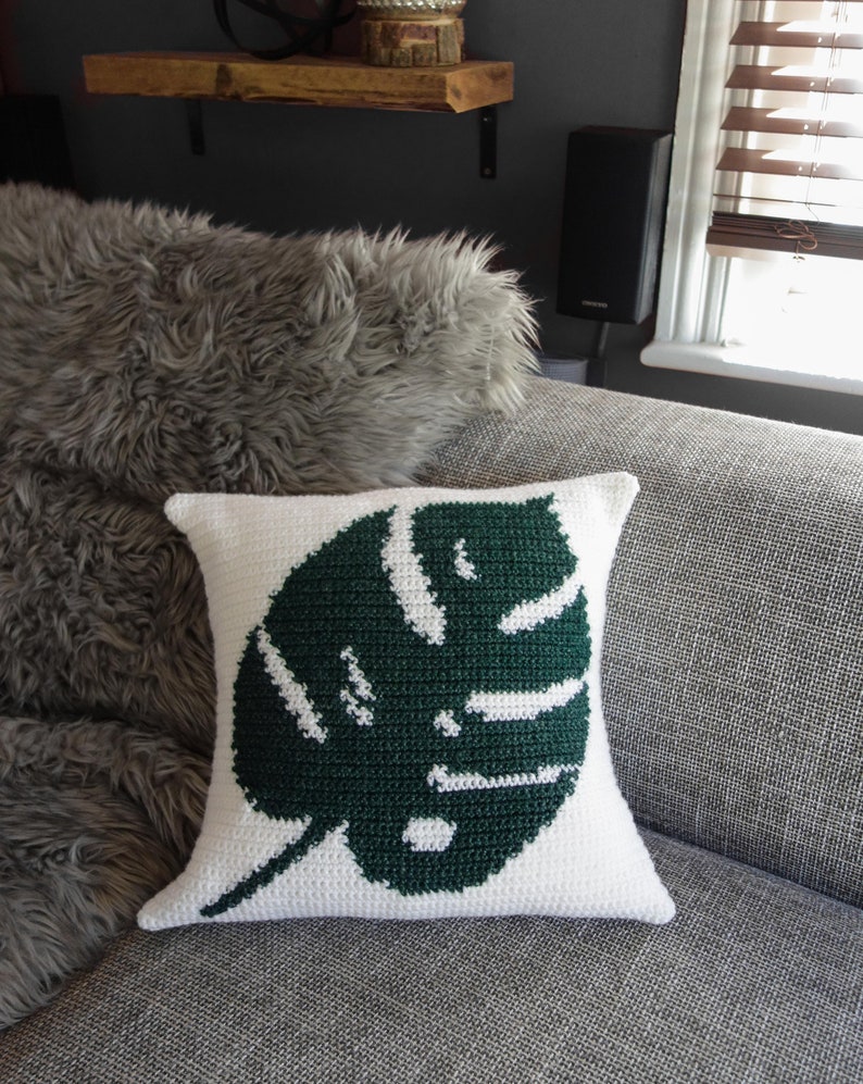 Crochet Monstera Pillow Pattern, Tropical Leaf cushion easy tapestry crochet pattern image 3