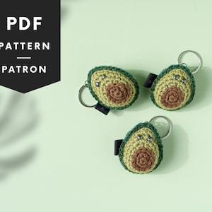 Crochet pattern of a mini avocado keychain, vegetable amigurumi