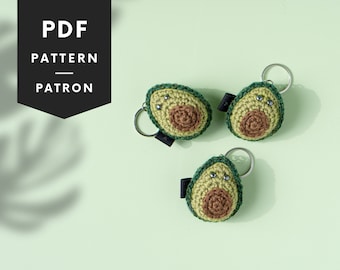 Crochet pattern of a mini avocado keychain, vegetable amigurumi