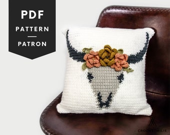 Pdf Crochet Pattern, Bull Skull Pillow Cover, Boho Decor, Western Decor, Rustic Farmhouse Decor, Instant Download, Easy Crochet Pattern