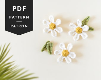 Crochet daisy and leaf patterns bundle with easy video tutorial, for crochet baby mobile or accessories, flower pattern