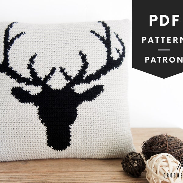 PATRON au CROCHET #014--Coussins tête de chevreuil 2 GRANDEURS - Pdf - facile - decor rustique - Blanc et noir - crochet moderne