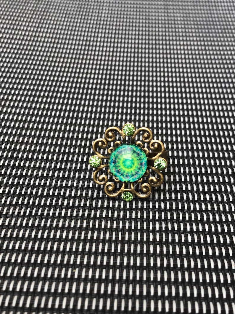 Green mosaic glass tile crystal antique gold adjustable ring