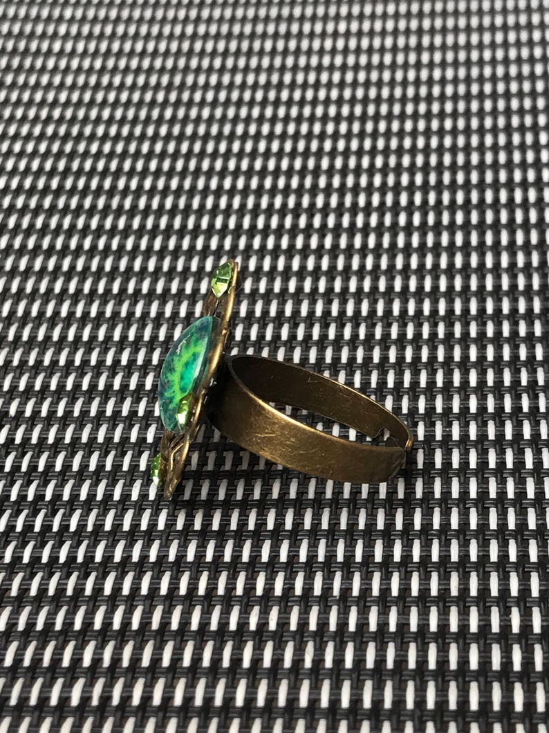 Green mosaic glass tile crystal antique gold adjustable ring
