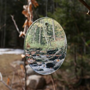 Vermont Autumn Brook Photo Glass Oval Suncatcher w/ Gift Box and Suction Cup