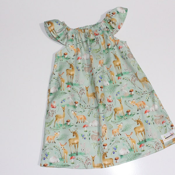 Seaside Dress Woodland Size 0, girls clothing, baby clothing, girls dress, under 50, handmade, green dress, stag, deer,