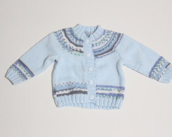 Knitted child's cardigan size 6-12 months, blue jacket, blue cardigan, blue handmade cardigan, wool, vertigated, baby cardigan, size 0