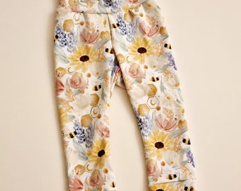 Baby Leggings Sunflower Size 1, handmade pants, 1 year old clothing, baby pants, 12-18 months, floral, 1st birthday, bumblebee