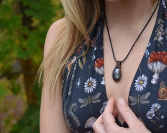 Hematite & Copper Wire Wrap Pendant with Leather Cord Necklace
