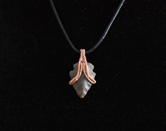 Mini Agate Arrowhead & Copper Wire Wrapped Micro Pendant with Leather Cord Necklace