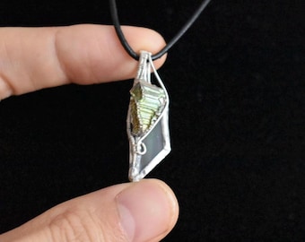 Bismuth Crystal & Stained Glass Sterling Silver Wire Wrapped Pendant Necklace