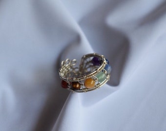 Chakra Wire Wrap Sterling Silver Gemstone Cuff Ring Size Adjustable