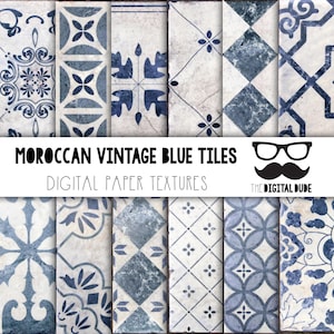 Marokkaanse Vintage Blauwe Tegels, Premium Digitaal Papier, Afdrukbare Scrapbook Papier Set, Vintage Blauwe Tegels Textuur, Instant Download