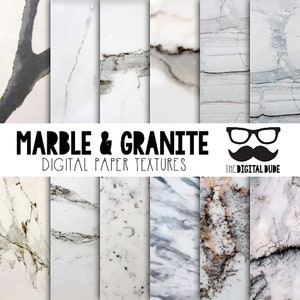 Puede incluir: Un paquete de papel digital con ocho texturas diferentes de mármol y granito. Las texturas son en tonos de blanco, gris y marrón. El texto "MARBLE & GRANITE DIGITAL PAPER TEXTURES" está en la parte superior de la imagen. El texto "THE DIGITAL DUDE" está en la parte inferior de la imagen.