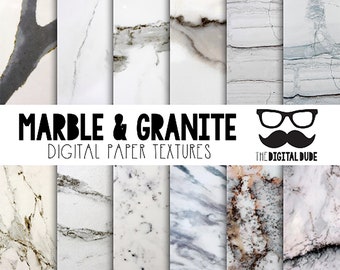 May include: A digital paper pack with eight different marble and granite textures. The textures are in shades of white, gray, and brown. The text "MARBLE & GRANITE DIGITAL PAPER TEXTURES" is at the top of the image. The text "THE DIGITAL DUDE" is at the bottom of the image.