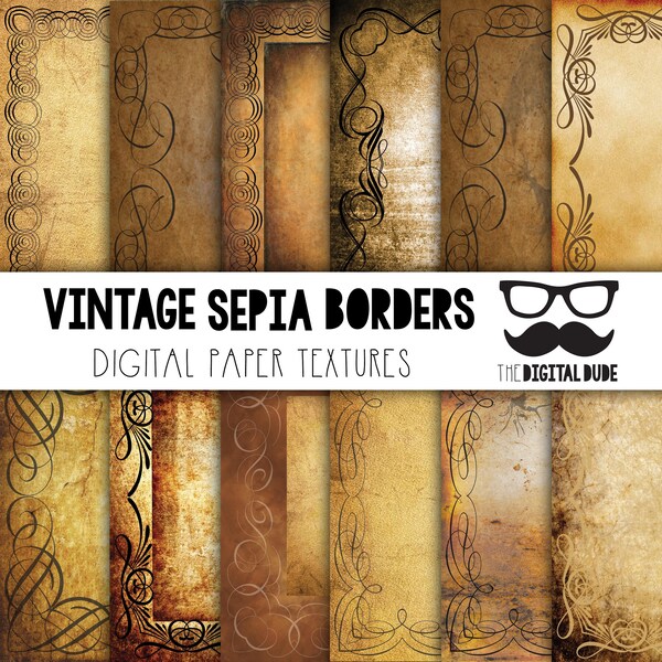 Vintage Sepia Borders, Premium Digital Paper, Printable Scrapbook Paper Set, Vintage Sepia Borders Texture, Instant Download