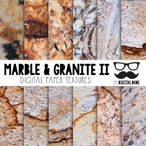 Puede incluir: Texturas de papel digital con ocho patrones diferentes de m&aacute;rmol y granito. Los patrones son en tonos de marr&oacute;n, blanco y gris. El texto "Marble & Granite II" y "Digital Paper Textures" se muestra en la parte superior de la imagen.