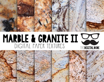 May include: Digital paper textures featuring eight different marble and granite patterns. The patterns are in shades of brown, white, and gray. The text "Marble & Granite II" and "Digital Paper Textures" is displayed at the top of the image.