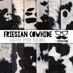 May include: Digital paper textures featuring eight different close-up images of black and white cowhide.