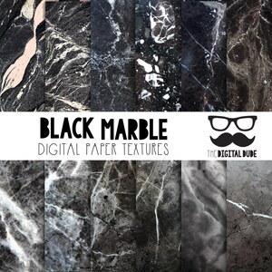May include: A set of six digital paper textures featuring black marble with white veining. The textures are seamless and can be used for a variety of projects, such as scrapbooking, card making, and digital design. "Black Marble Digital Paper Textures" is written in white text on a black background.
