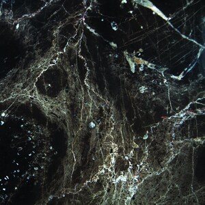 May include: Black marble with white and grey veining. The marble has a dark, almost black background with a network of white and grey veins running through it.