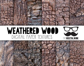 Può includere: Quattro texture di carta digitale che presentano legno invecchiato con un aspetto screpolato e invecchiato. Le texture sono in tonalità di marrone, grigio e nero. Il testo "WEATHERED WOOD DIGITAL PAPER TEXTURES" è visualizzato nella parte superiore dell'immagine, e il testo "THE DIGITAL DUDE" è visualizzato nell'angolo in basso a destra dell'immagine.