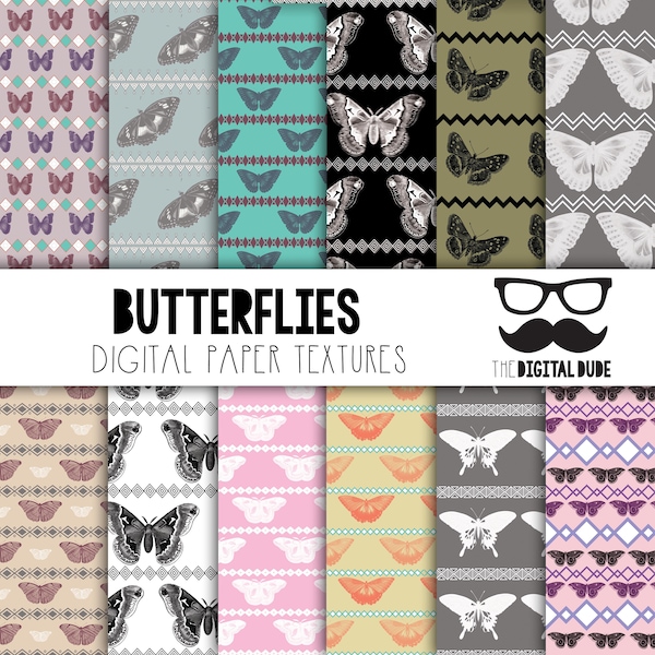 Butterfly Pattern, Premium Digital Paper, Printable Scrapbook Paper Set, Butterfly Pattern Texture, Instant Download