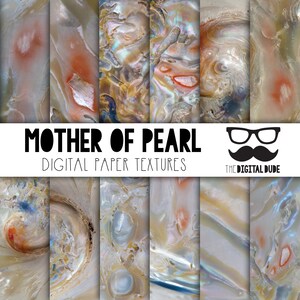 May include: A set of 8 digital paper textures featuring iridescent mother of pearl patterns in shades of white, blue, green, and orange. The text "Mother of Pearl Digital Paper Textures" is displayed at the top of the image.