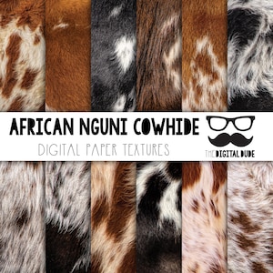 May include: Digital paper textures featuring eight different close-up images of African Nguni cowhide. The cowhide patterns are brown, black, and white.