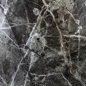 May include: A close-up of a dark grey stone with white veins running through it. The stone has a rough, textured surface.
