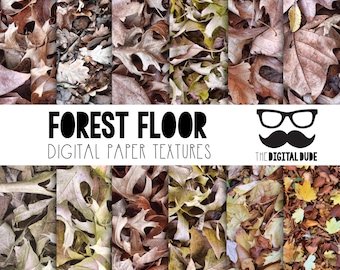 Könnte beinhalten: Ein digitales Papierpaket mit 10 verschiedenen Texturen eines Waldbodens, der mit braunen, gelben und orangefarbenen Blättern bedeckt ist. Der Text "FOREST FLOOR DIGITAL PAPER TEXTURES" befindet sich oben im Bild. Der Text "THE DIGITAL DUDE" befindet sich unten im Bild.