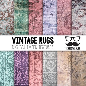 Könnte beinhalten: Ein Set mit 10 digitalen Papiertexturen mit Vintage-Teppichmustern in verschiedenen Farben, darunter Türkis, Rosa, Lila, Grau und Braun. Die Texturen eignen sich perfekt zum Erstellen von digitalen Scrapbook-Seiten, Hintergründen und anderen Bastelprojekten.  Vintage Rugs Digital Paper Textures.