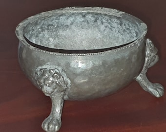 Hammered Pewter tripod pot with lion heads and feet circa 1900s
