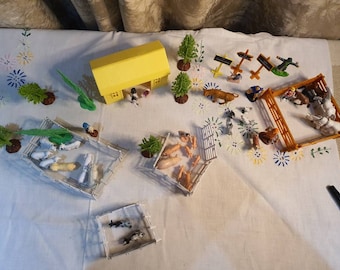Vintage 1950s Farmyard set, horses, gates, pigs, goats, chickens etc made in Singapore, China etc. In played with condition.