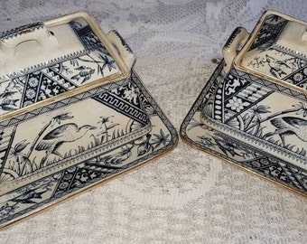 Two very rare Antique Large Tureen's with lids, trays and one ladle. Aesthetic transferware- The design is CONGO circa 1880s