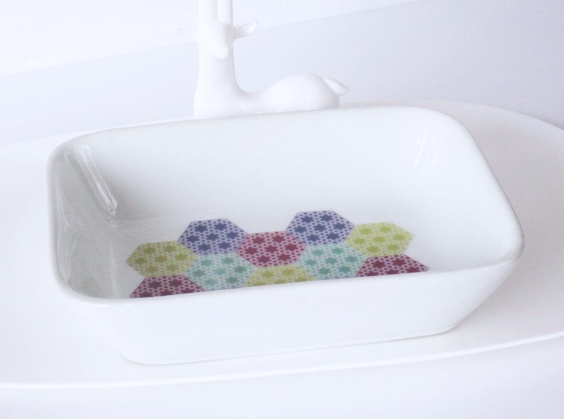 Many Uses Tableware Stationery etc Jewellery 13 x 9.5cm Pastel Patchwork Pattern Ceramic Dish