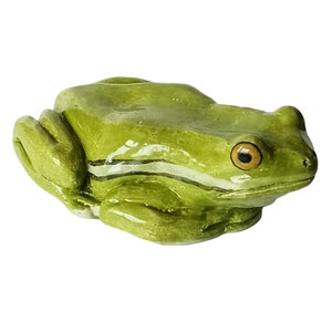May include: A green ceramic frog figurine with a white stripe across its back and yellow eyes.