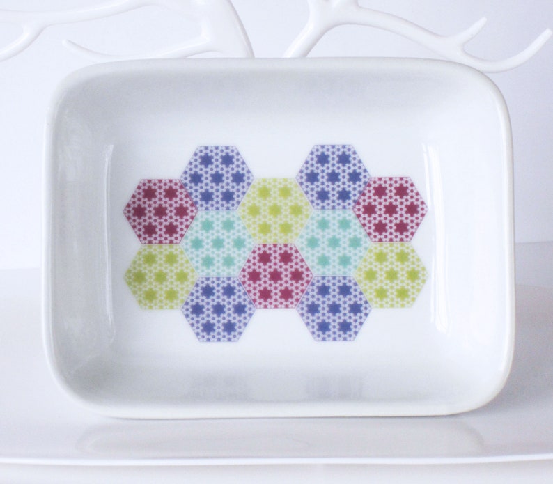 Many Uses Tableware Stationery etc Jewellery 13 x 9.5cm Pastel Patchwork Pattern Ceramic Dish