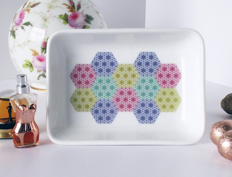 Many Uses Tableware Stationery etc Jewellery 13 x 9.5cm Pastel Patchwork Pattern Ceramic Dish