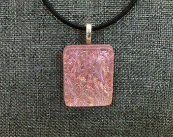 fused glass dichroic pendant, bright pink dazzle, rectangle, handmade, kiln fired