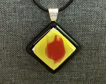 fused glass pendant, handpainted design, yellow, red, handmade, kiln fired