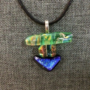 fused glass dichroic pendant, green, red, blue dazzle, handmade, kiln fired