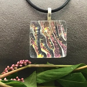 fused glass dichroic pendant, clear dazzle, square, handmade, kiln fired