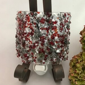 Fused glass nightlight, red, gray, white and clear glass,  handmade, kiln fired