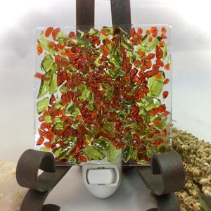 Fused glass nightlight, lime green, rust colored glass, handmade, kiln fired