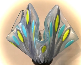 Gray,  turquoise, chartreuse on clear fused glass lamp, mid century modern, handmade, unique shape