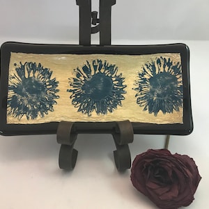 Hand Painted, Fused Glass Dishes, Blue and Gold, Food Safe, Sushi dish, soap dish, spoon rest, handmade