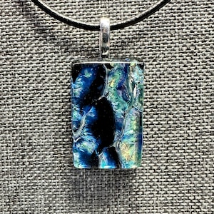 fused glass dichroic pendant, black, dazzle, rectangle, handmade, kiln fired
