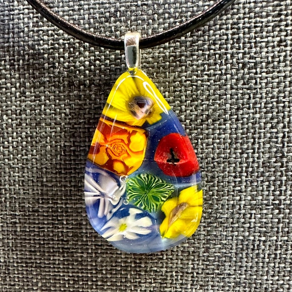 fused glass, teardrop, millefiori, murrini, sunflower, poppy flowers, wildflowers, yellow, white, plum handmade