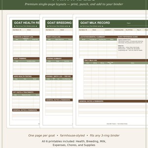 May include: Three printable farm binder pages with olive green headers and brown accents. The sheets are titled Goat Health Record, Goat Breeding, and Goat Milk Record, featuring tables for tracking animal data, health logs, and milk production.